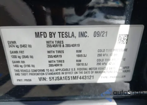2021 Tesla Model S Long Range Dual Motor All-Wheel Drive from USA, damaged, VIN 5YJSA1E51MF443121